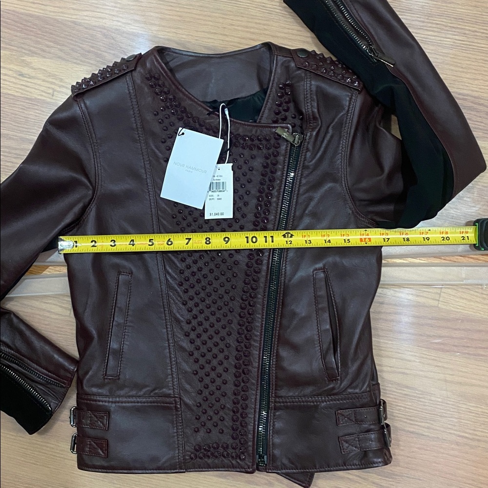 New with Tag Designer Nour Hammour Burgundy Studded Erin Leather Jacket - Picture 7 of 17